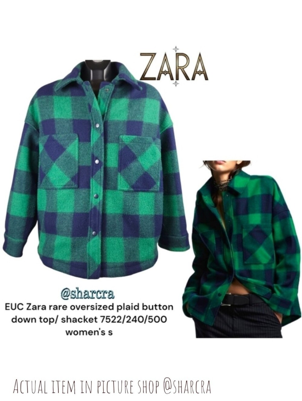 Zara Women oversized Lumberjack plaid Snap button-down shacket Top Green Blue S